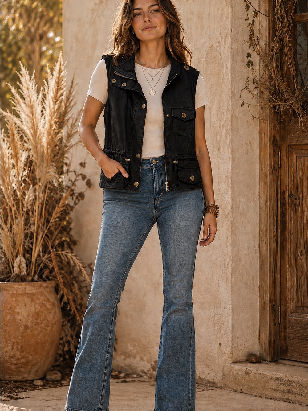 Black Denim Vest with Button Front